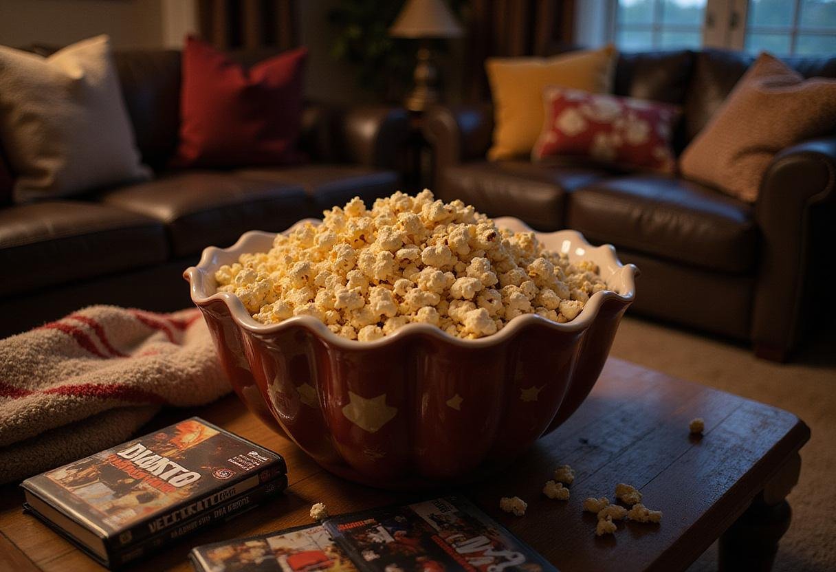 Festive popcorn bowl prepared for a Stranger Things movie night, surrounded by cozy decor setting the scene for a perfect viewing experience.