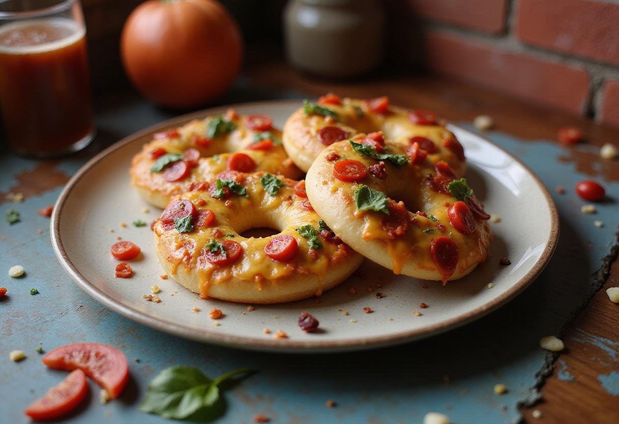 Delicious Stranger Things Pizza Bagels, perfectly baked with melted cheese and vibrant toppings, served on a plate, ideal for a fan-inspired snack.