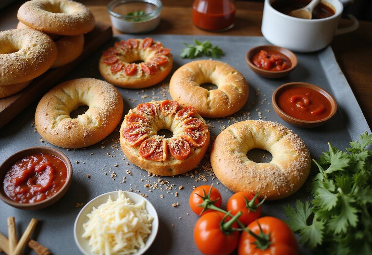 Stranger Things Pizza Bagels ingredients laid out on a kitchen counter, including bagels, pizza sauce, shredded cheese, and various toppings for a delicious snack.