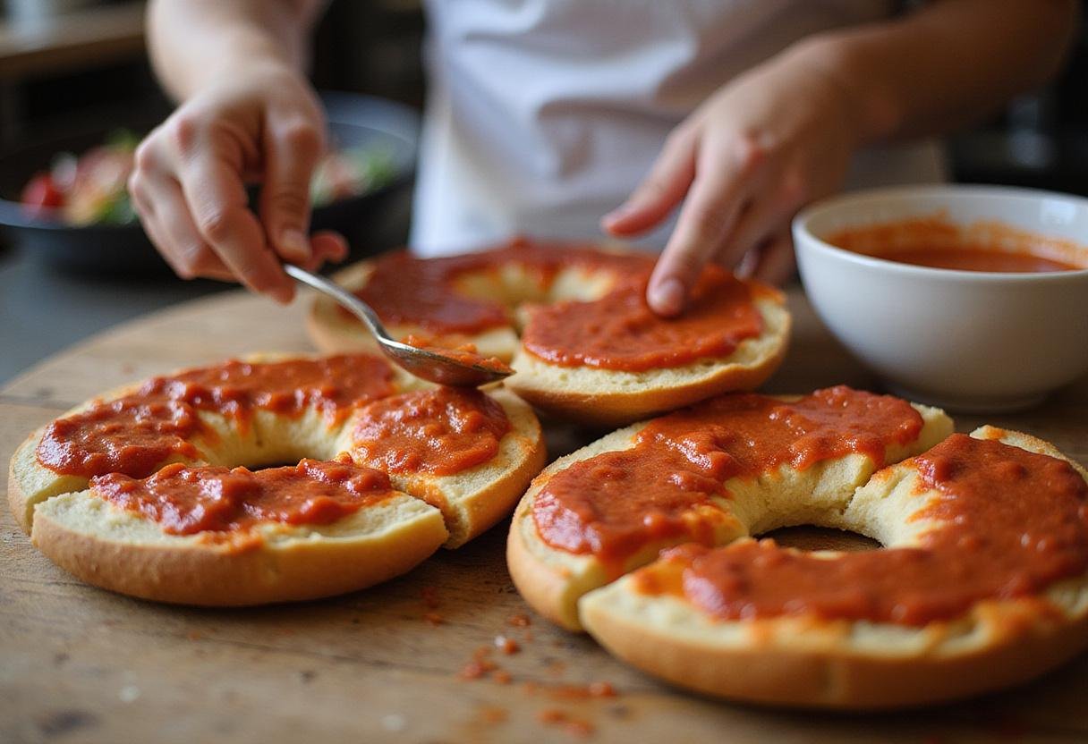 Preparing Stranger Things Pizza Bagels by spreading pizza sauce on bagels, a fun and delicious recipe perfect for fans of the show.