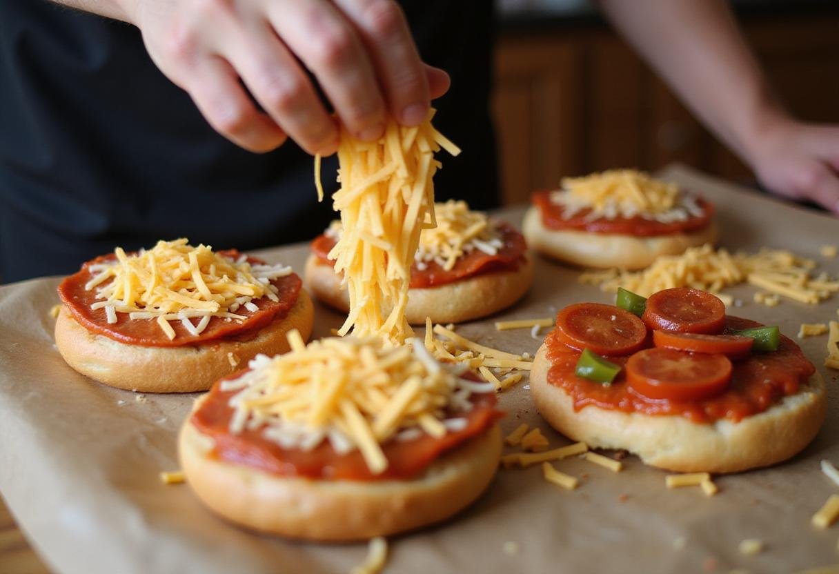 Adding shredded cheese to Stranger Things Pizza Bagels, showcasing the layers of cheese and toppings for a delicious snack inspired by the hit series.