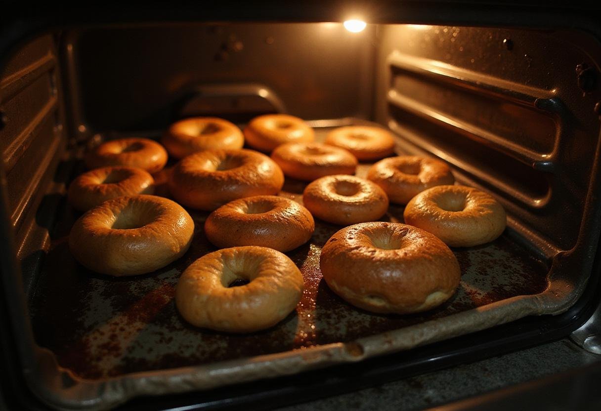 Baking Stranger Things Pizza Bagels in the oven, preparing for a cheesy and flavorful snack that fans of the show will love.