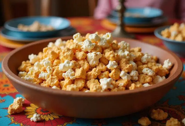 Delicious completed Stranger Things Popcorn Mix served in a colorful bowl ready for a fun movie night.