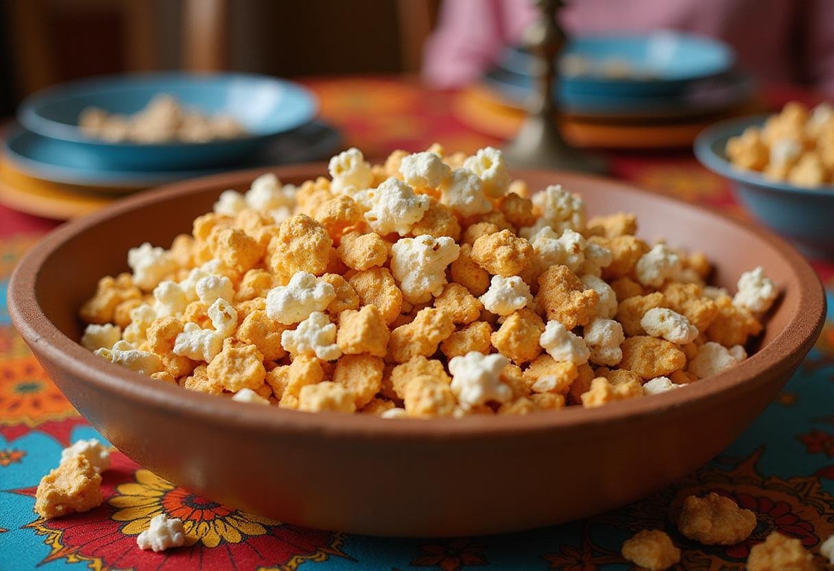 Delicious completed Stranger Things Popcorn Mix served in a colorful bowl ready for a fun movie night.