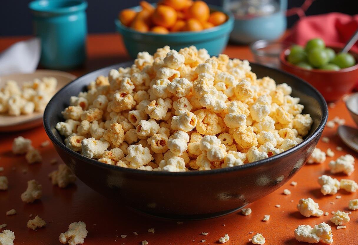 Delicious completed Stranger Things Popcorn Mix served in a colorful bowl ready for a fun movie night.