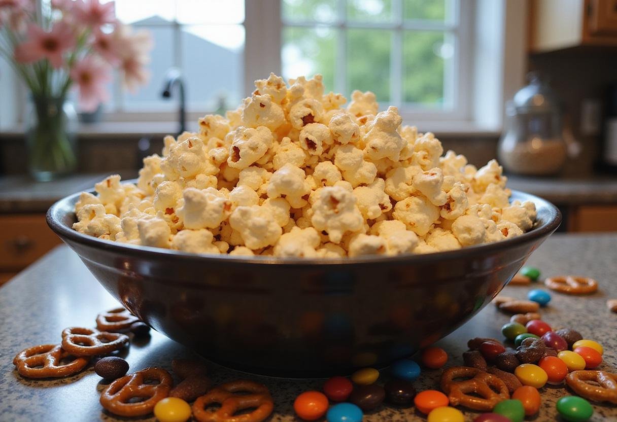 Stranger Things Popcorn Mix ingredients including popcorn, chocolate-covered pretzels, and gummy worms on a kitchen counter.