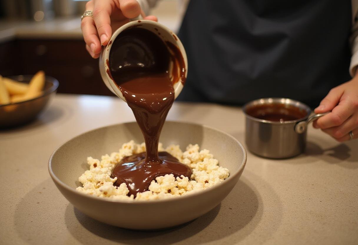 Drizzling melted chocolate over the popcorn in preparation for the delicious Stranger Things Popcorn Mix.