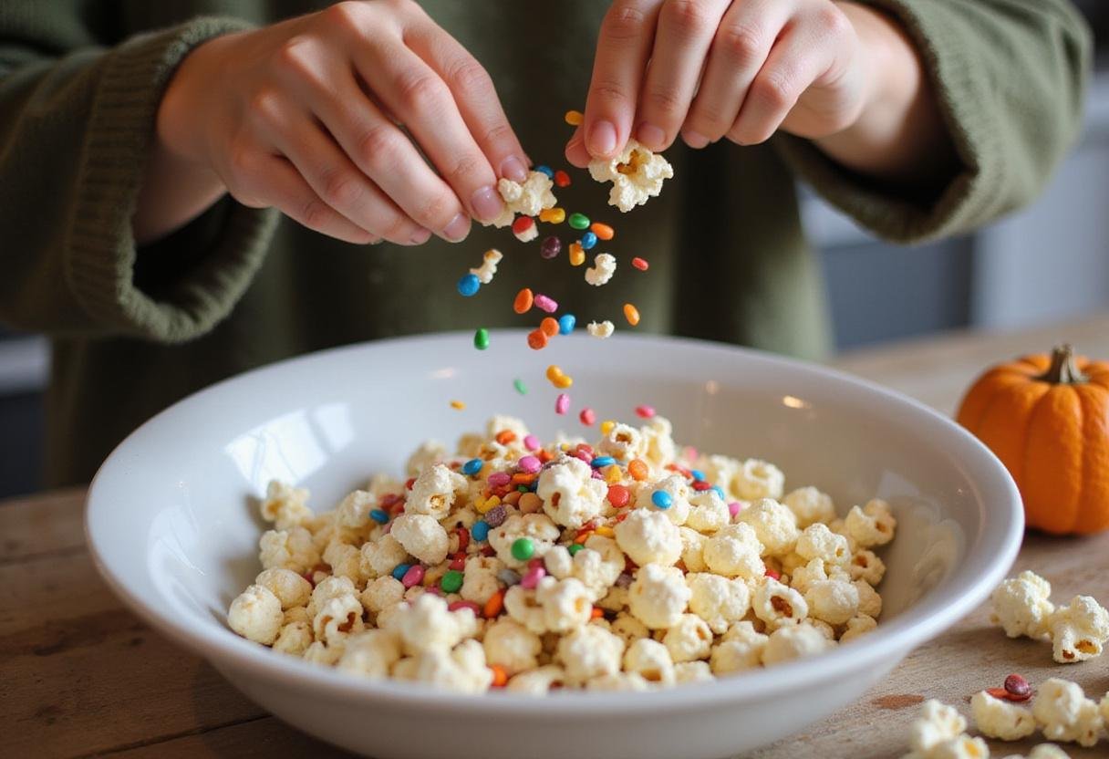 Adding candy confetti to the Stranger Things Popcorn Mix as a finishing touch in a festive kitchen setting.