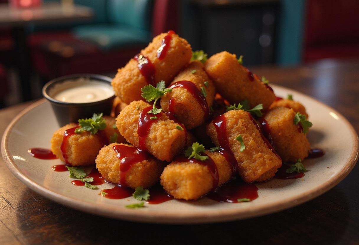 Delicious Stranger Things Tater Tots with dipping sauce, perfect for a nostalgic party.