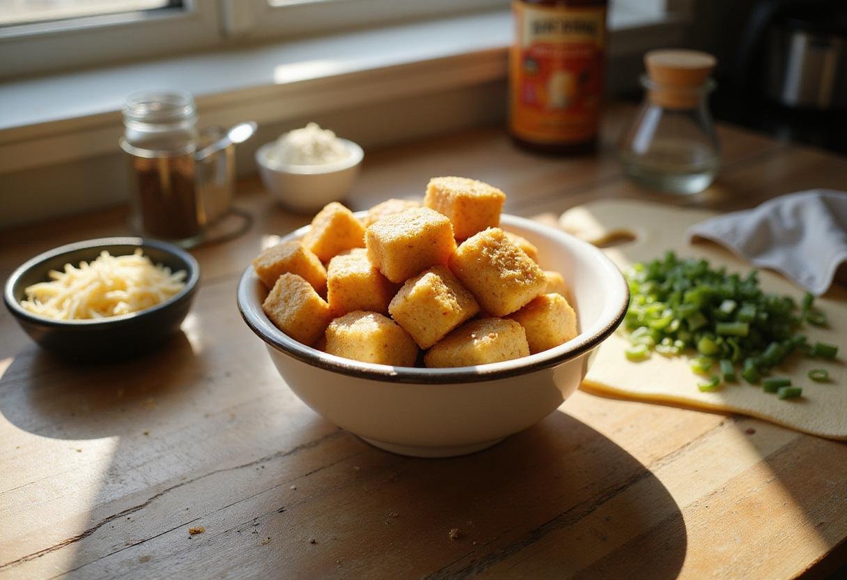 Frozen tater tots with cheese and spices on a kitchen countertop for Stranger Things Tater Tots recipe.