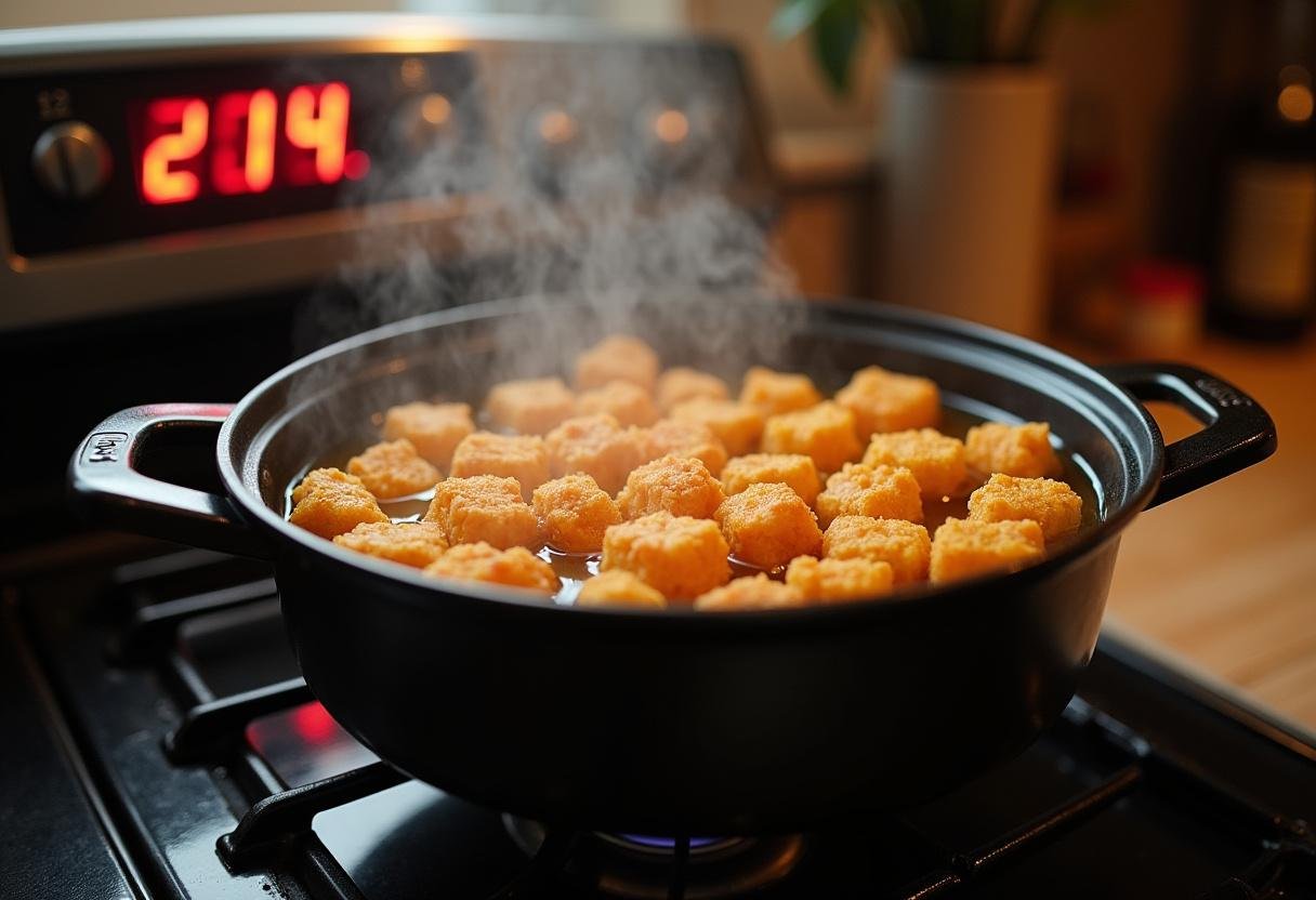 Heating oil on the stove for perfectly crispy Stranger Things Tater Tots preparation.