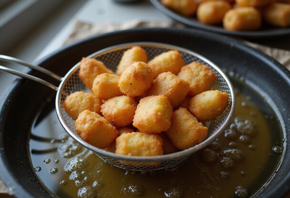 Frying golden brown tater tots in hot oil for delicious Stranger Things Tater Tots.