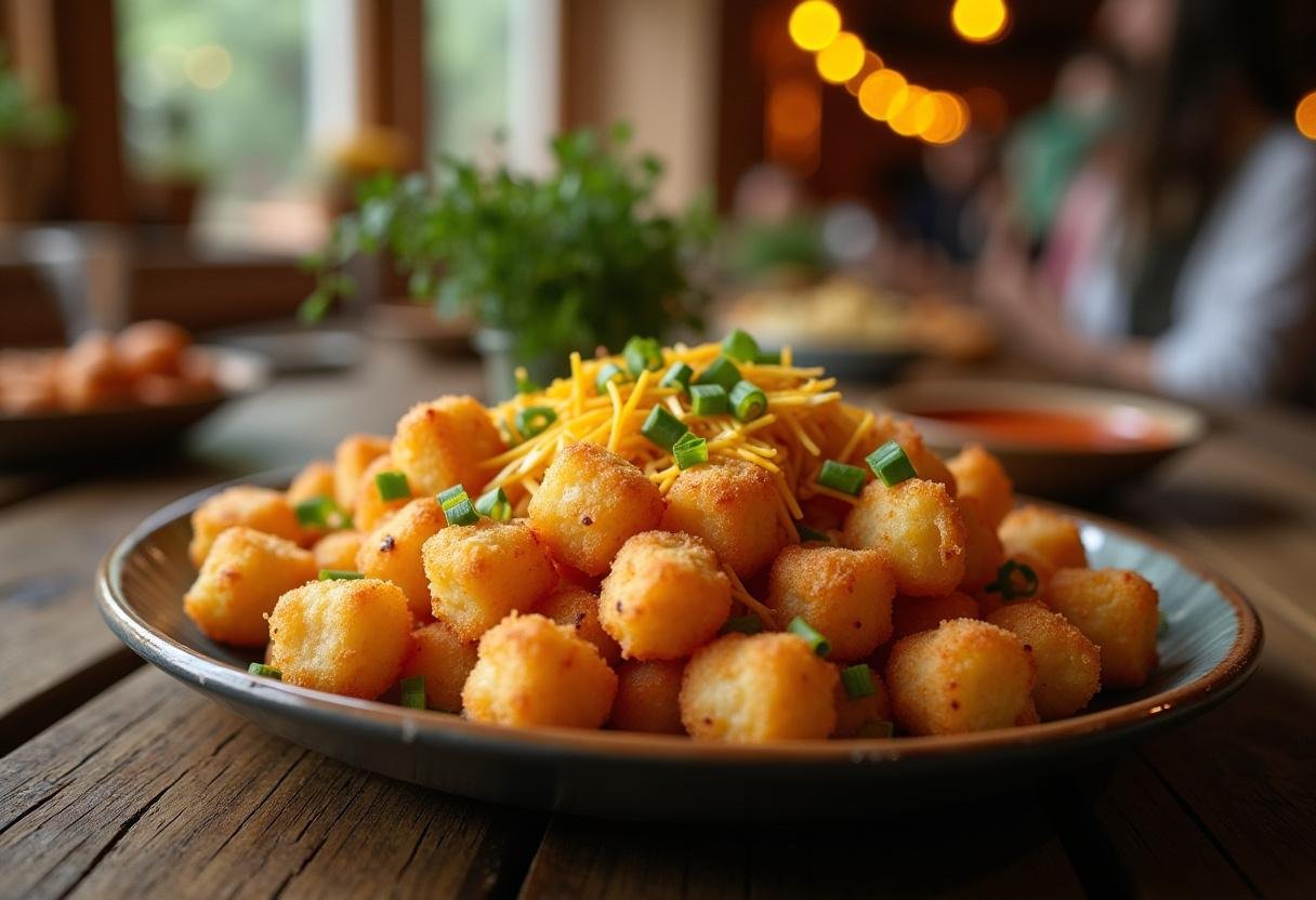 Crispy tater tots garnished with cheese and green onions on a platter for Stranger Things Tater Tots.