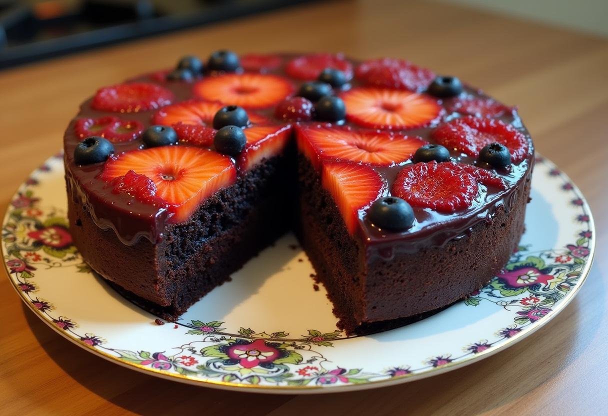 Completed Stranger Things Upside Down Cake featuring strawberries and blueberries on top, perfect for themed parties.