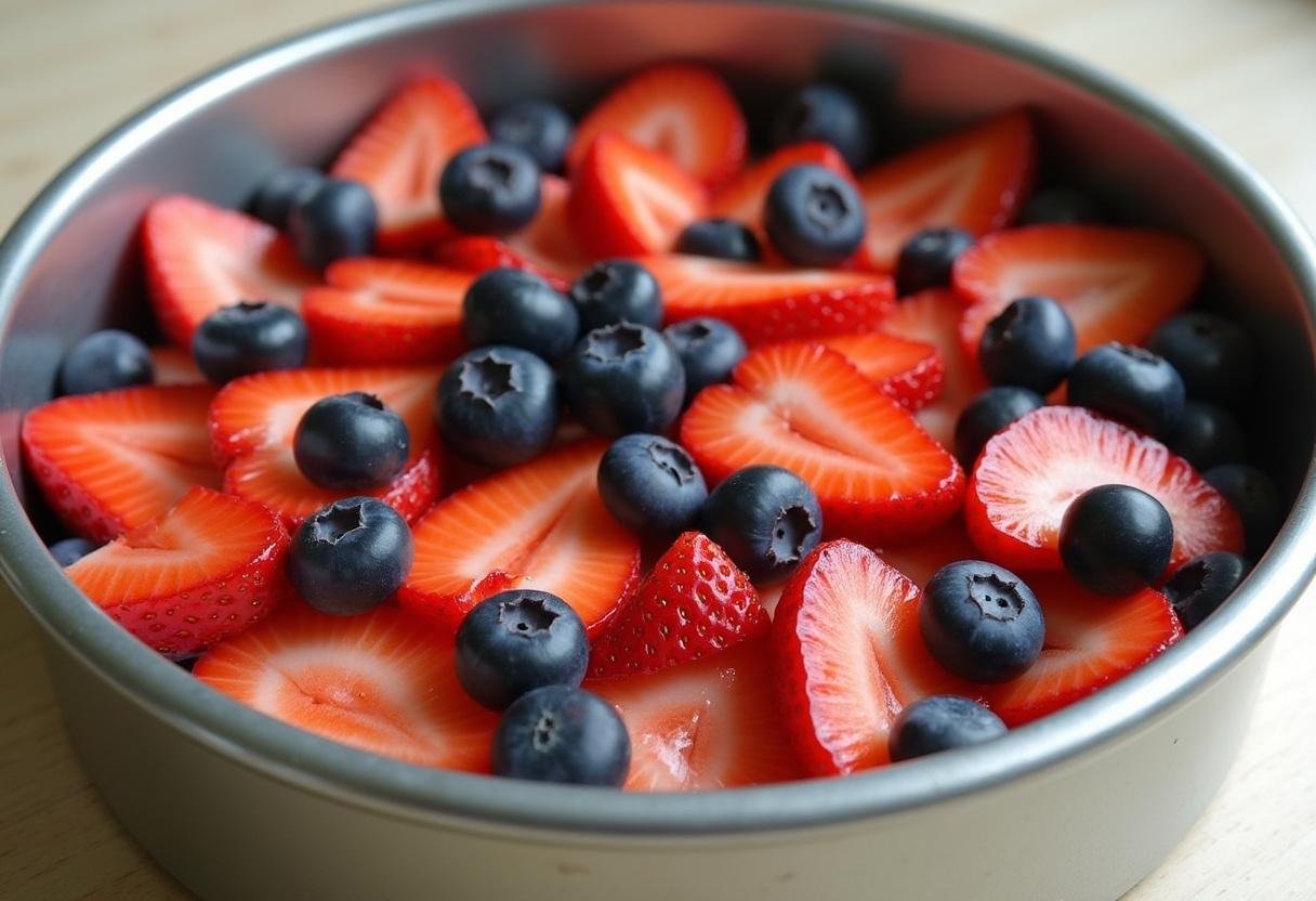 Sliced strawberries and blueberries placed in cake pan for Stranger Things Upside Down Cake fruit layer.