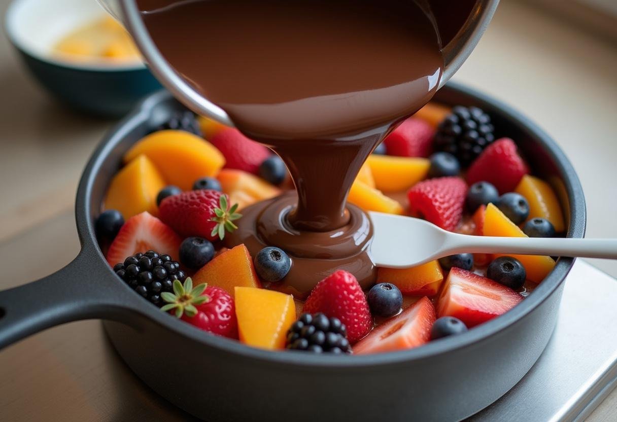 Chocolate batter poured over the fruit layer for Stranger Things Upside Down Cake.
