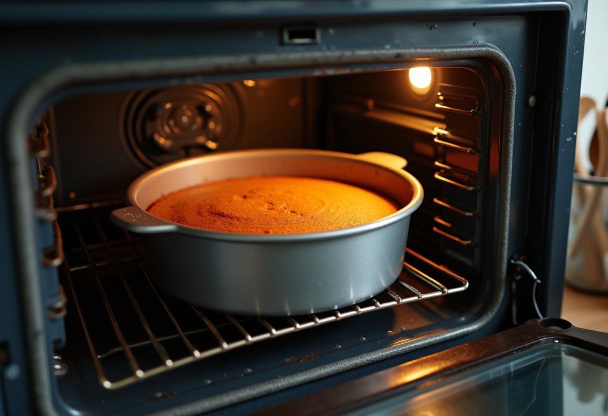 Cake pan filled with chocolate batter being placed in the oven for baking Stranger Things Upside Down Cake.