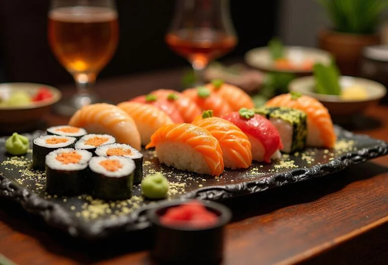 Showcasing a fancy sushi platter in a luxurious dining setup, highlighting the exquisite presentation and flavors of the sushi.