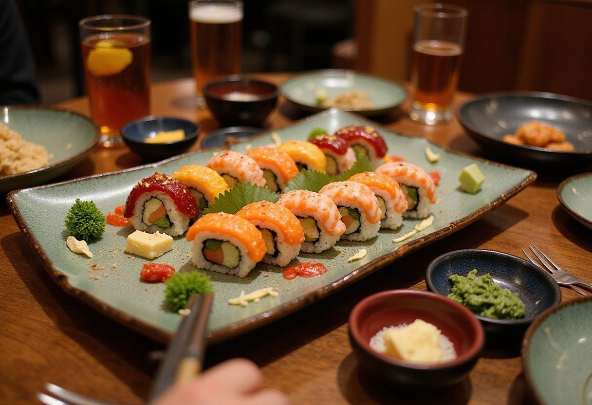 Showcasing a fancy sushi platter in a luxurious dining setup, highlighting the exquisite presentation and flavors of the sushi.
