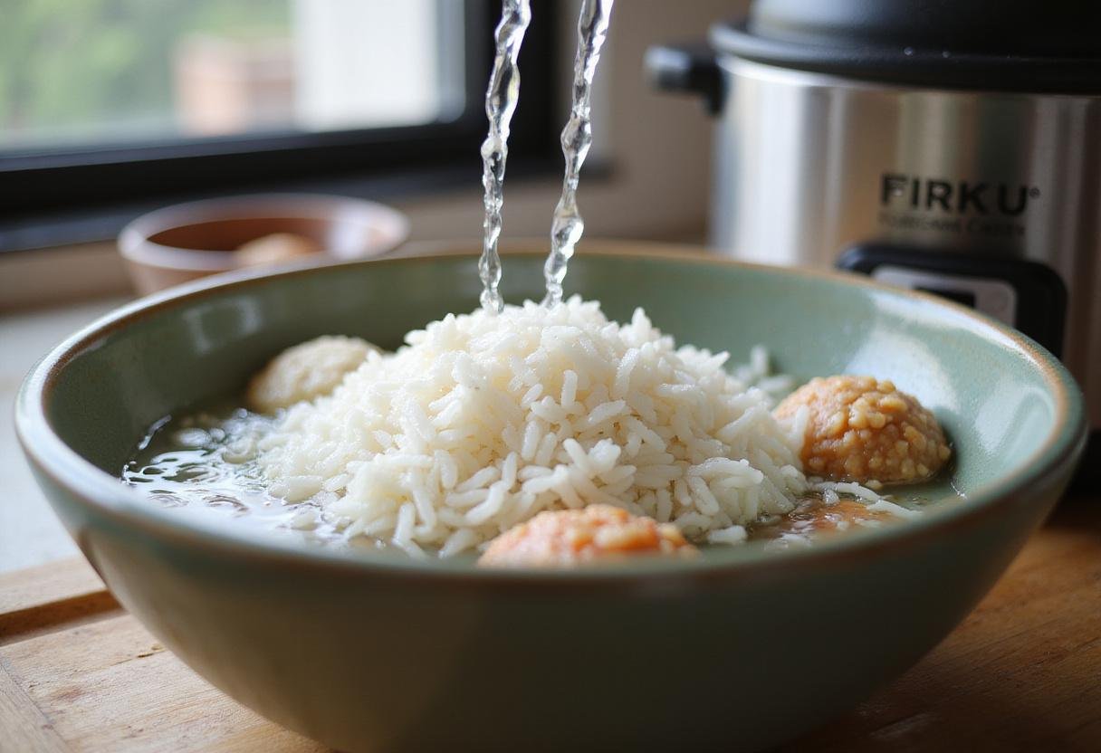 Preparing sushi rice for succession fancy sushi platter with rinsing and cooking techniques.