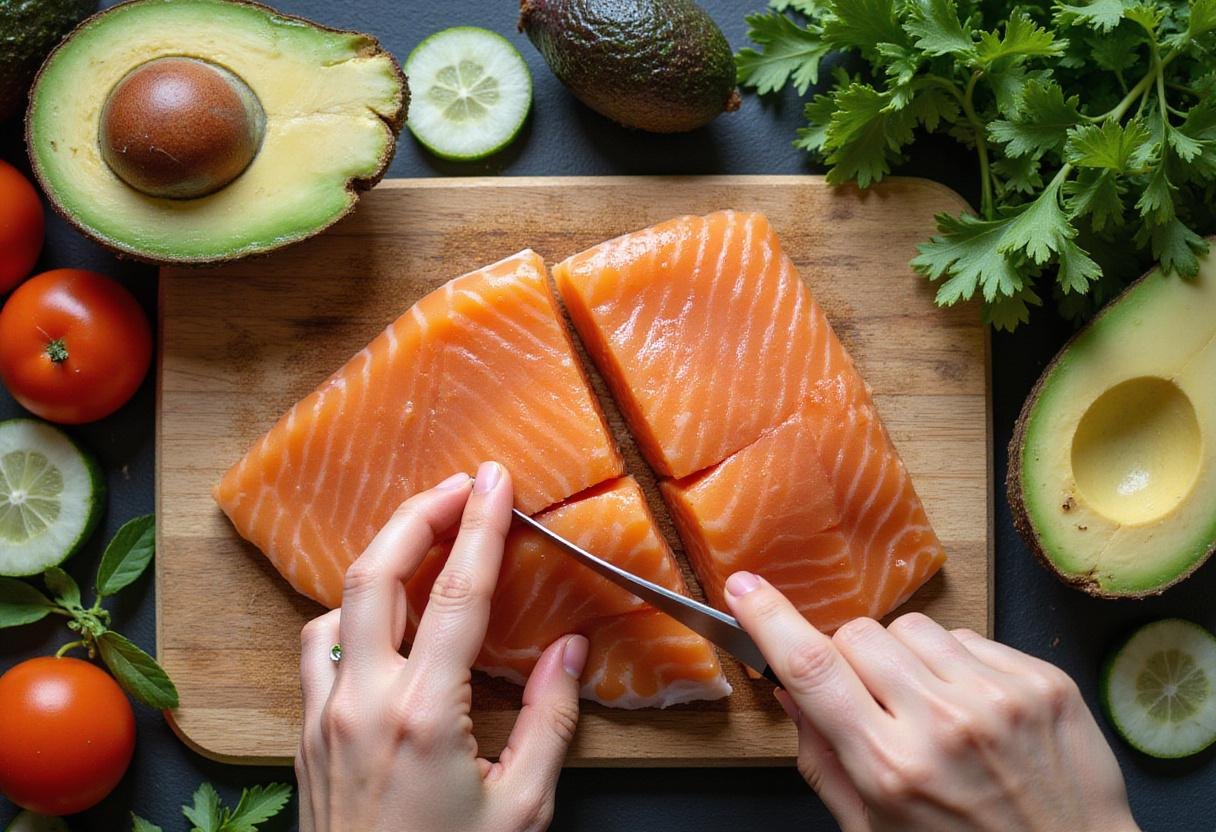 Slicing fresh fish fillets for a fancy sushi platter, showcasing high-quality ingredients and sushi preparation skills.