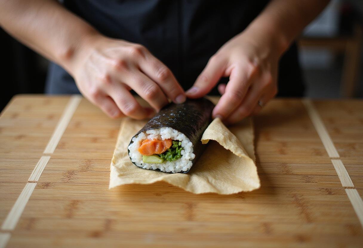 Rolling sushi for a succession fancy platter, demonstrating the art of traditional sushi making.