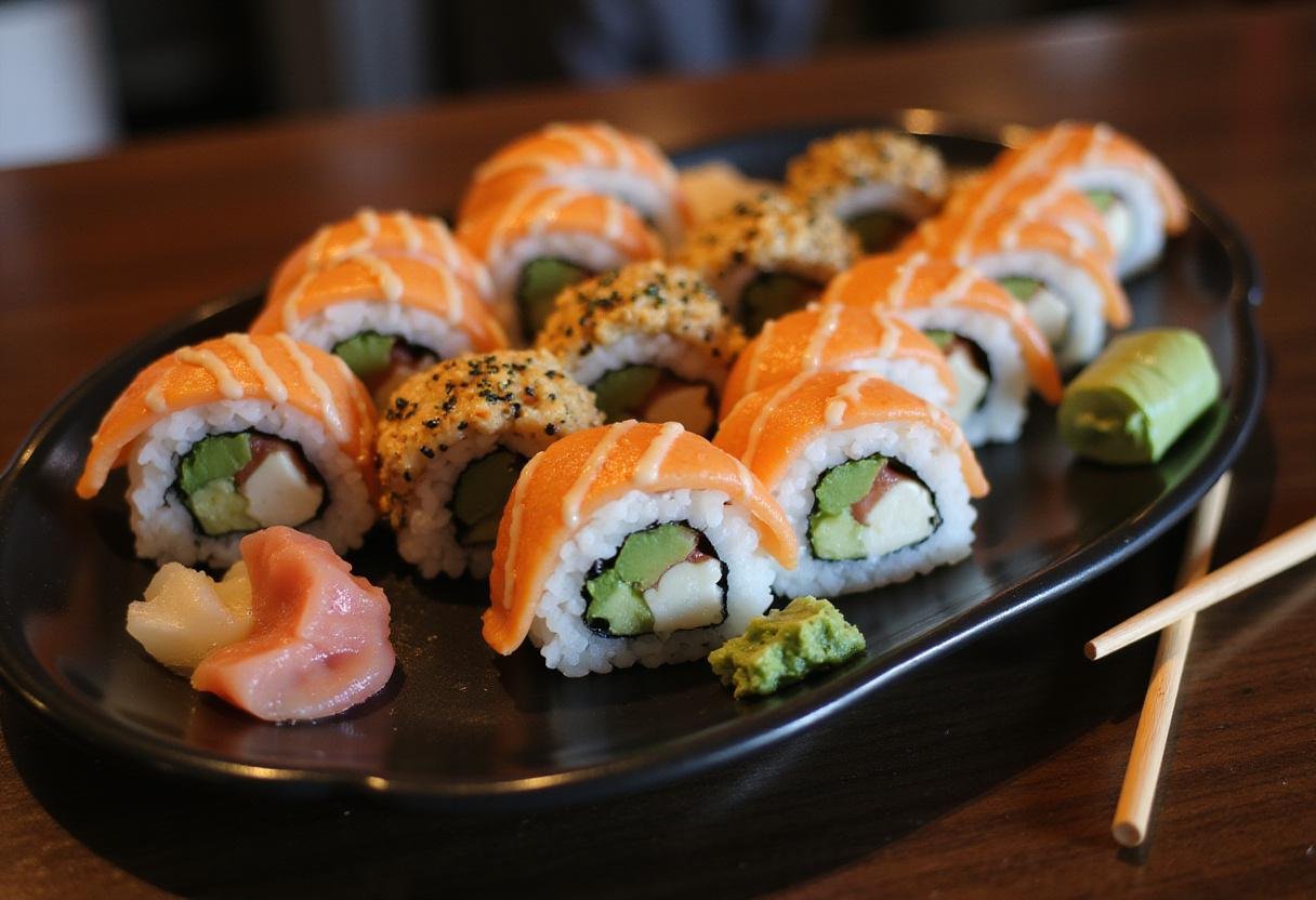 Beautifully arranged sushi rolls ready for serving on a stylish platter, emphasizing the visual appeal of the fancy sushi assortment.