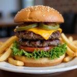Succession Gourmet Cheeseburger presented artistically, featuring layers of juicy beef patty, cheddar cheese, lettuce, and tomatoes with crispy fries on the side.