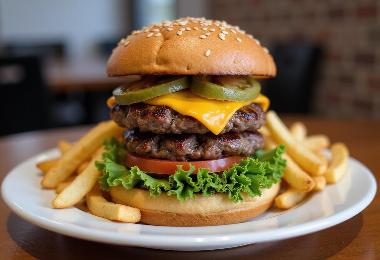 Succession Gourmet Cheeseburger presented artistically, featuring layers of juicy beef patty, cheddar cheese, lettuce, and tomatoes with crispy fries on the side.