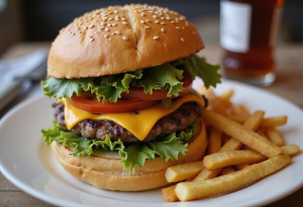 Succession Gourmet Cheeseburger presented artistically, featuring layers of juicy beef patty, cheddar cheese, lettuce, and tomatoes with crispy fries on the side.