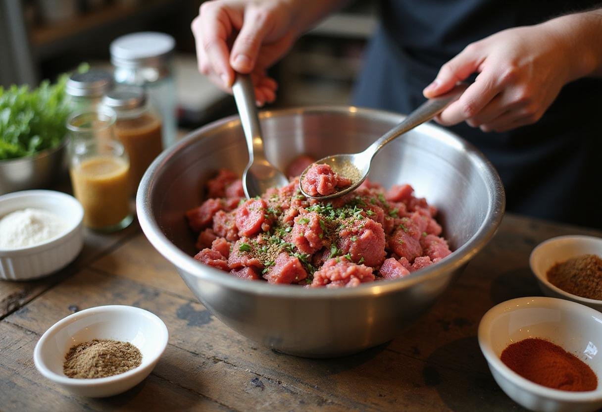 Seasoning ground beef for Succession Gourmet Cheeseburger, highlighting the chef mixing spices in a bowl.