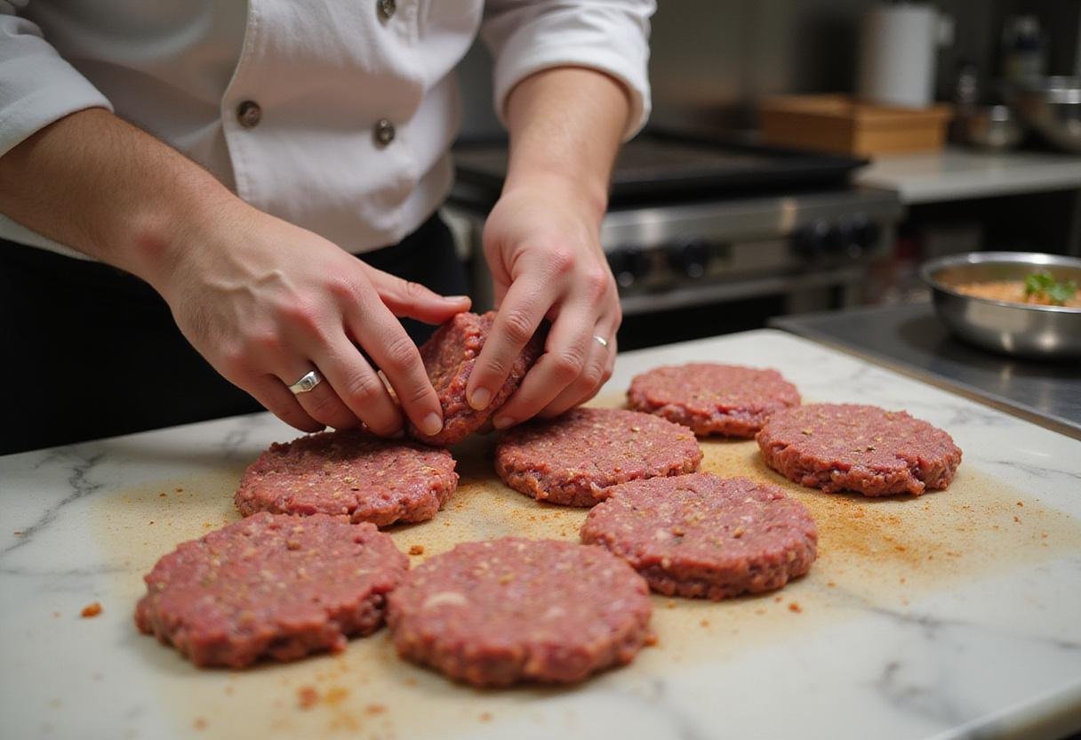 Shaping burger patties for Succession Gourmet Cheeseburger, featuring a chef focused on creating thick and juicy patties.