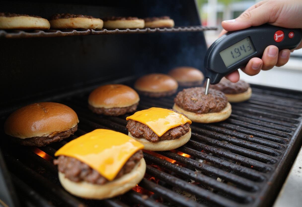 Grilling burgers for Succession Gourmet Cheeseburger, showcasing melted cheese on juicy patties.