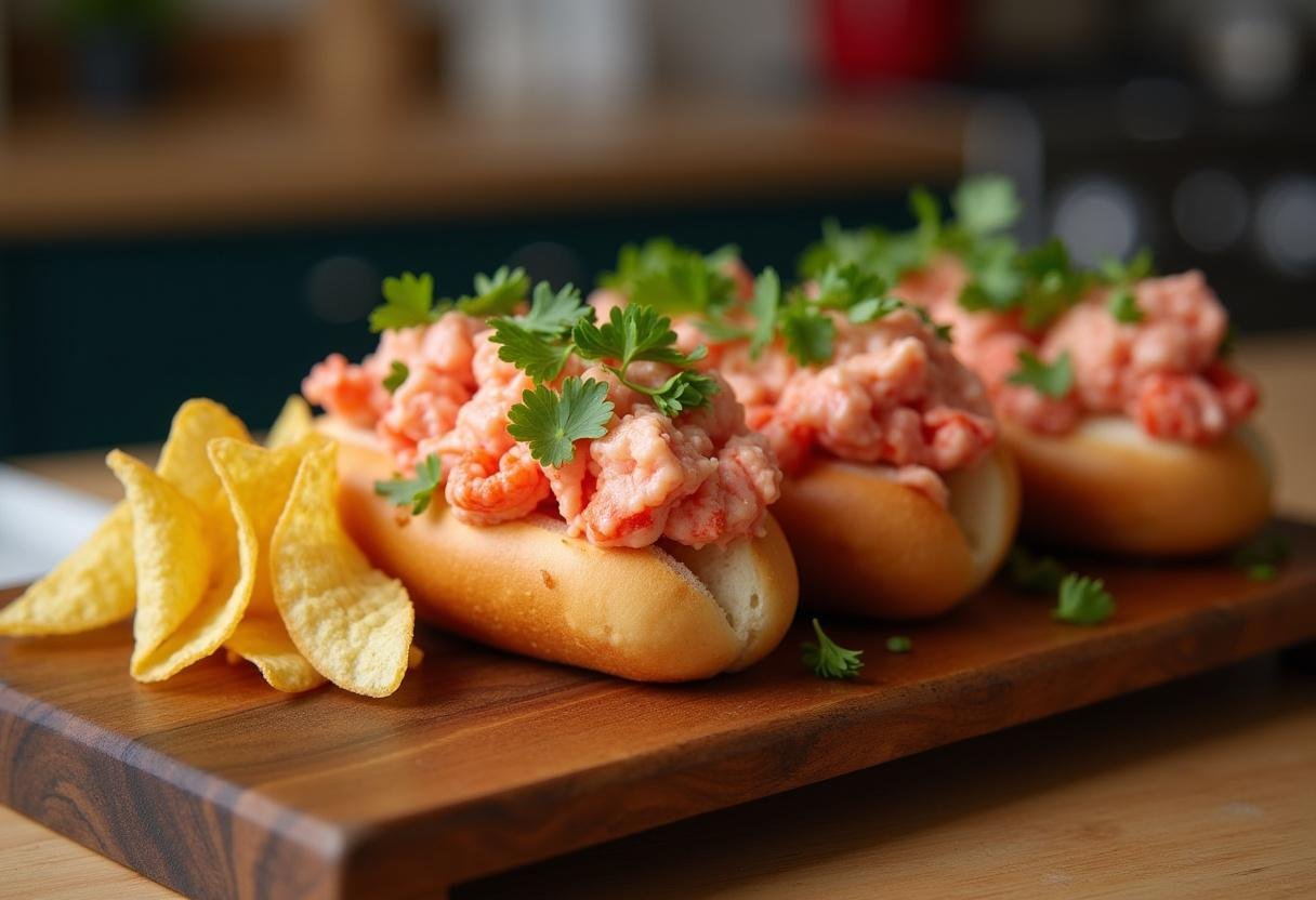 Finished Succession Lobster Rolls served beautifully on a rustic platter, perfect for seafood lovers.