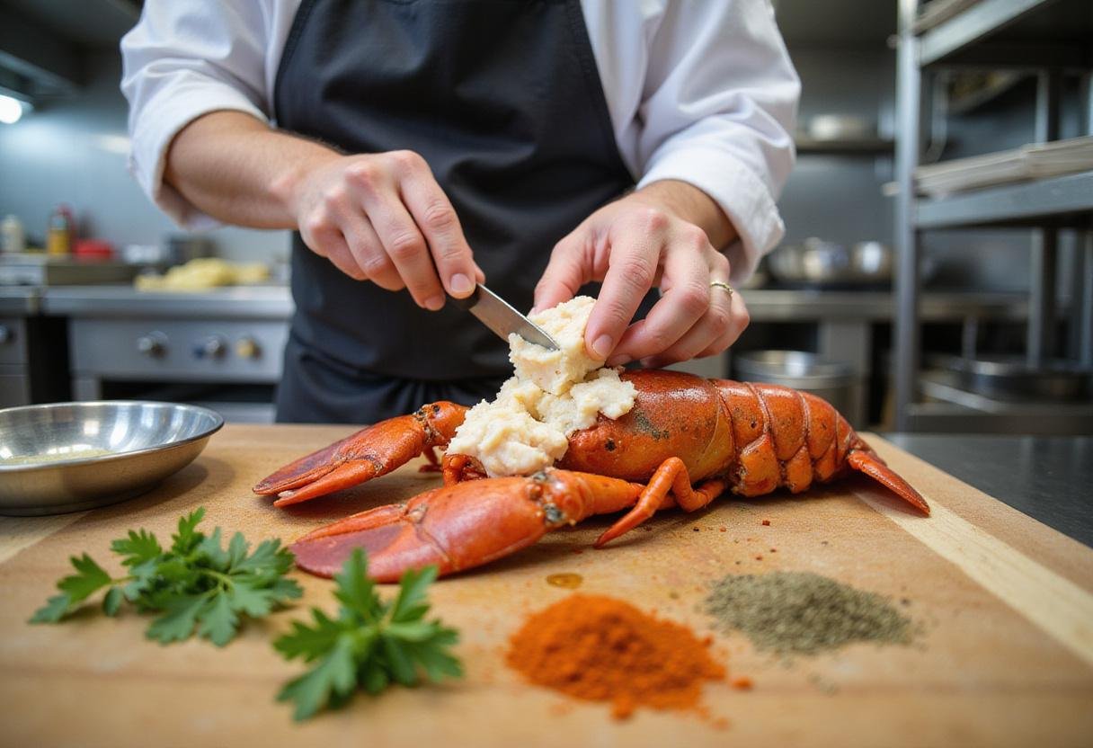 Fresh lobster meat preparation for a Succession Lobster Roll, showcasing tender lobster in a vibrant kitchen.
