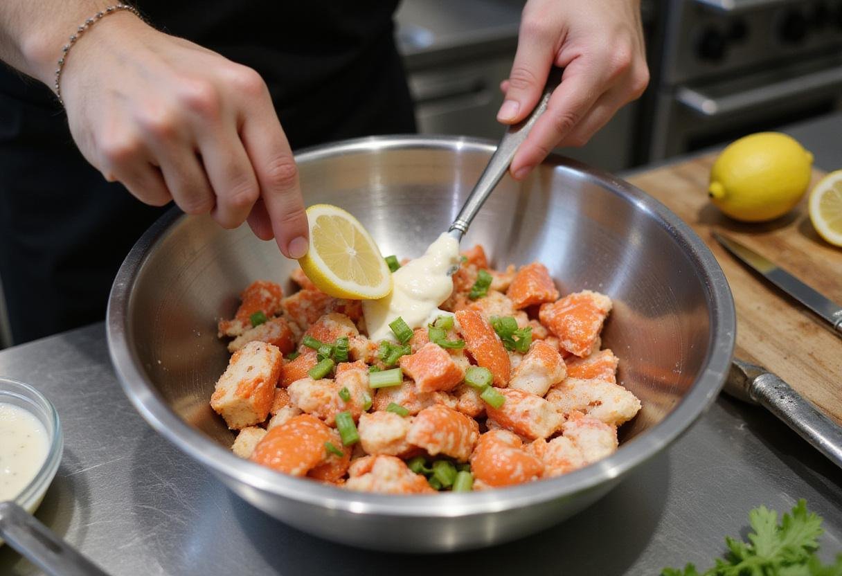 Combining lobster meat with mayonnaise and celery for a delicious Succession Lobster Roll in a contemporary kitchen.