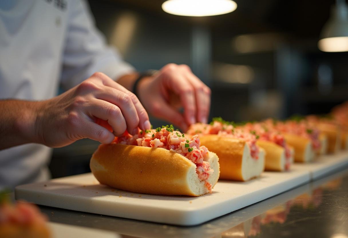 Assembling a Succession Lobster Roll with fresh lobster and toasted bread, presented in a stylish kitchen environment.