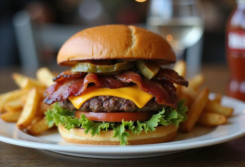 Final presentation of a supernatural bacon cheeseburger, layered with bacon, beef, cheese, and vegetables, served with fries.