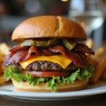 Final presentation of a supernatural bacon cheeseburger, layered with bacon, beef, cheese, and vegetables, served with fries.