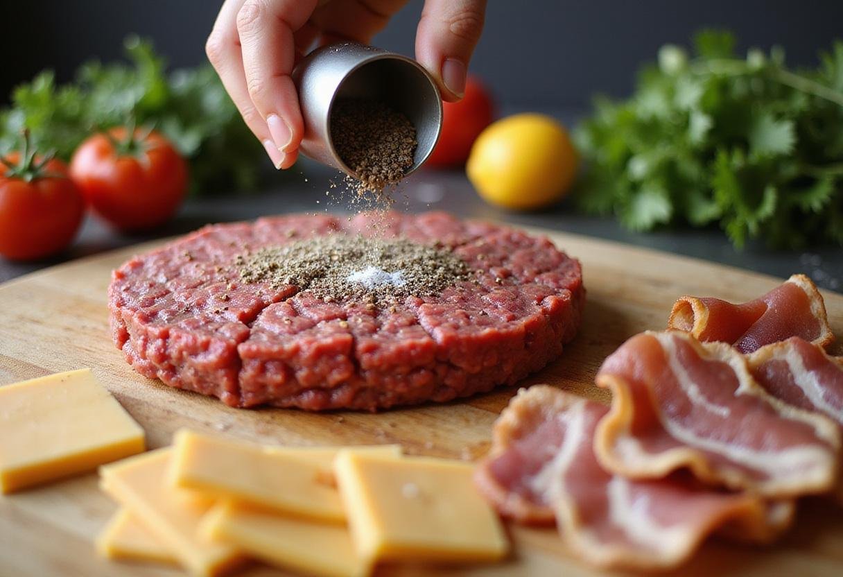 Ground beef for bacon cheeseburger, seasoned with salt and pepper, fresh ingredients surrounding.
