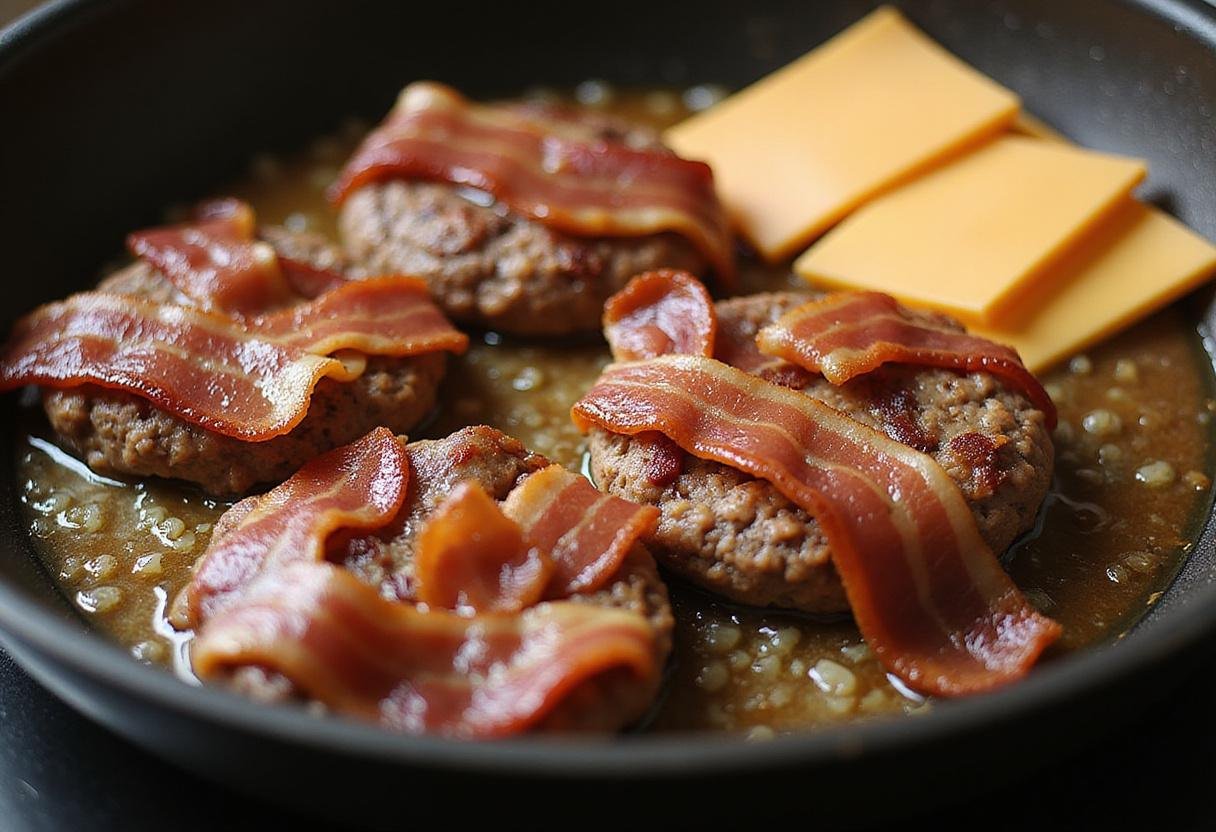 Sizzling bacon in a skillet, preparing for a bacon cheeseburger, with cheese slices ready for melting.