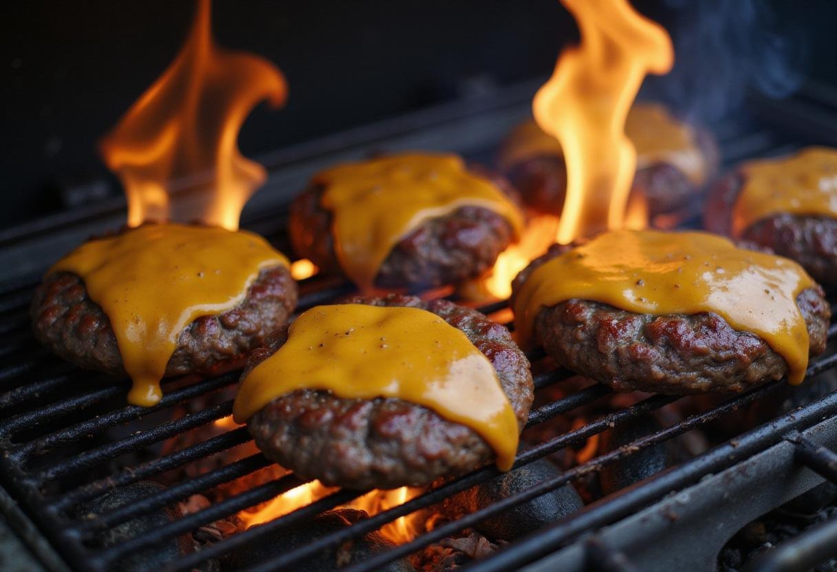 Grilling juicy beef patties for bacon cheeseburgers, melted cheese on top, flames from the barbecue adding flavor.