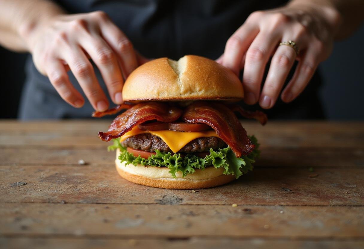 Assembling a supernatural bacon cheeseburger with crispy bacon, grilled patty, melted cheese, fresh vegetables on a rustic table.