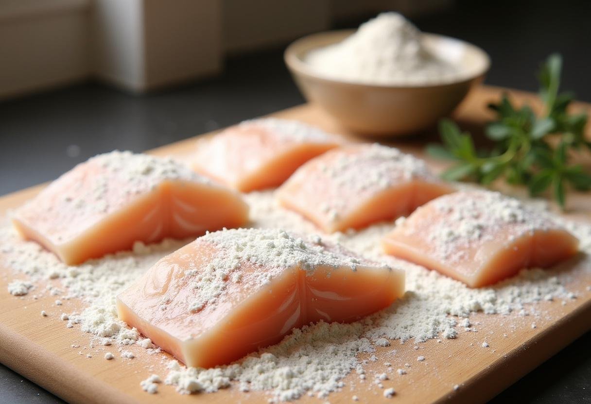Fresh cod fillets coated in seasoned flour for making Ted Lasso Fish and Chips.