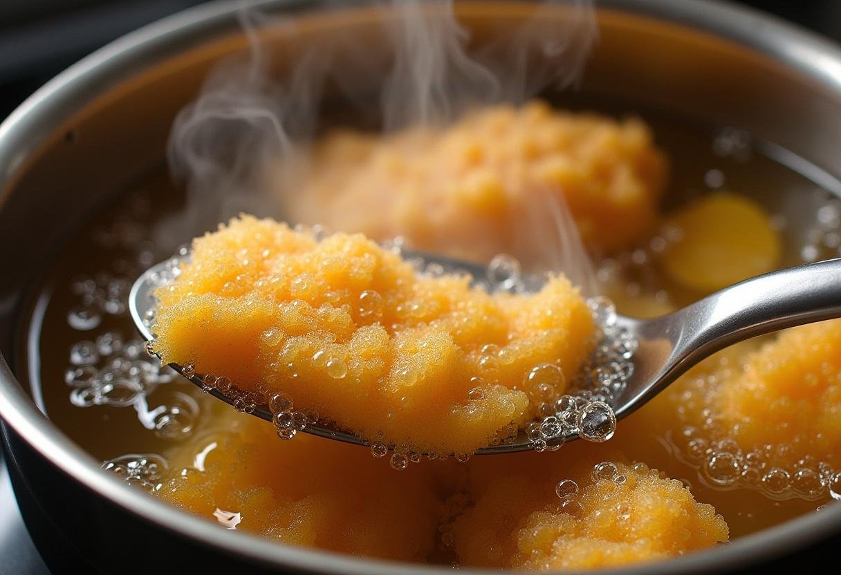 Battered cod fillets frying in hot oil for Ted Lasso Fish and Chips.