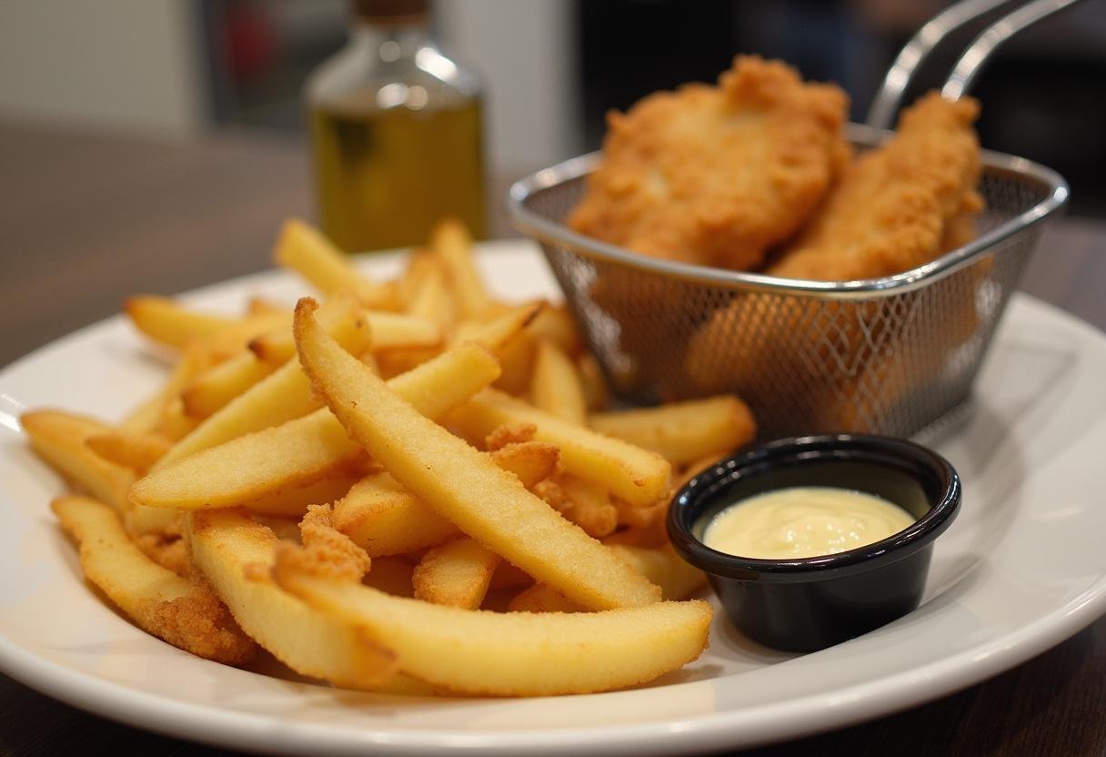 Golden-brown chips and fried cod fillets ready for serving in Ted Lasso Fish and Chips.