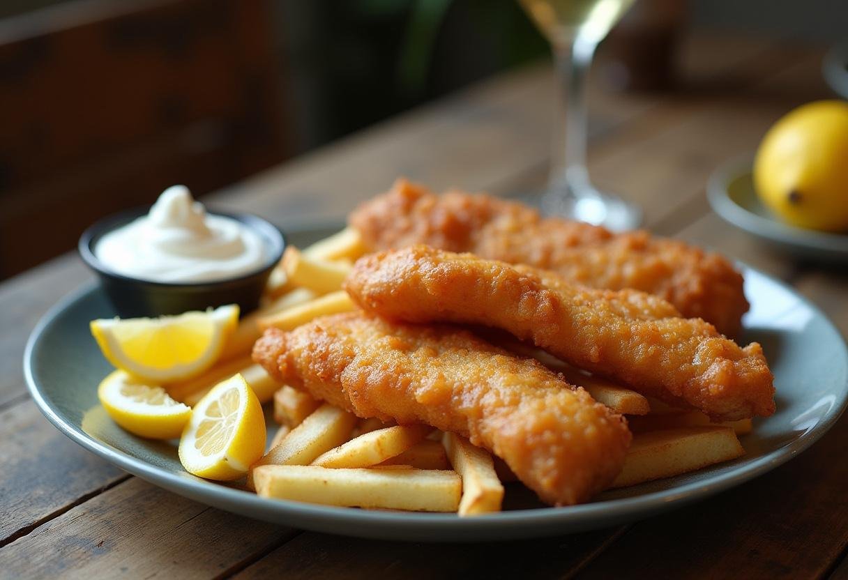 Platter of fish and chips with garnishes ready to be served, inspired by Ted Lasso.