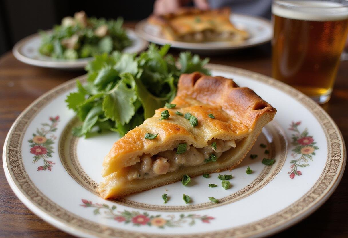 Delicious slice of Ted Lasso Match Day Pie served with fresh herbs and a refreshing salad for the perfect game day feast.