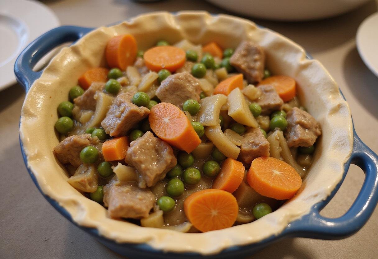 Mixing sautéed vegetables for Ted Lasso Match Day Pie filling, highlighting fresh ingredients and a rich gravy.