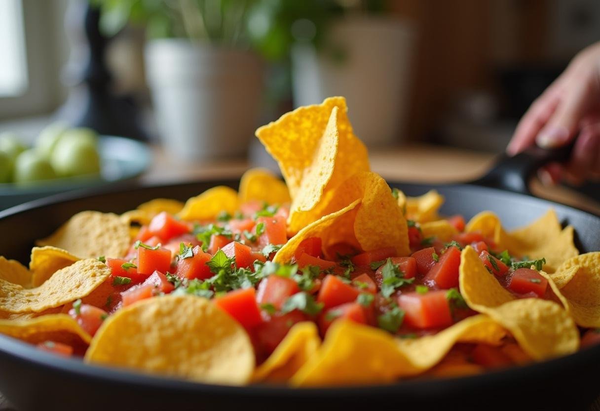Tortilla chips in an oven-safe dish for That '70s Show Basement Nachos preparation.